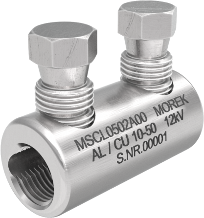 Кабелен съединител алуминиев покалаен Al/Cu 10-50mm² 12kV MSCL50 2x късащ се болт M10 MOREK, MSCL0502A00