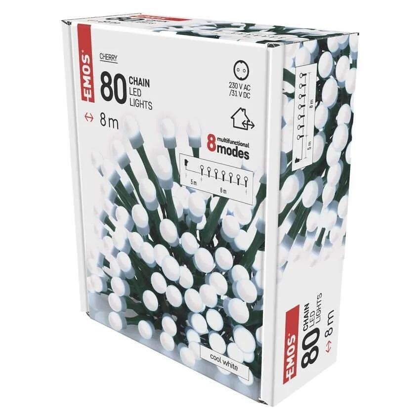 Комплект коледни лампички 80x LED студена светлина 8м IP44 с 8 програми CHERRY EMOS - D5AC06