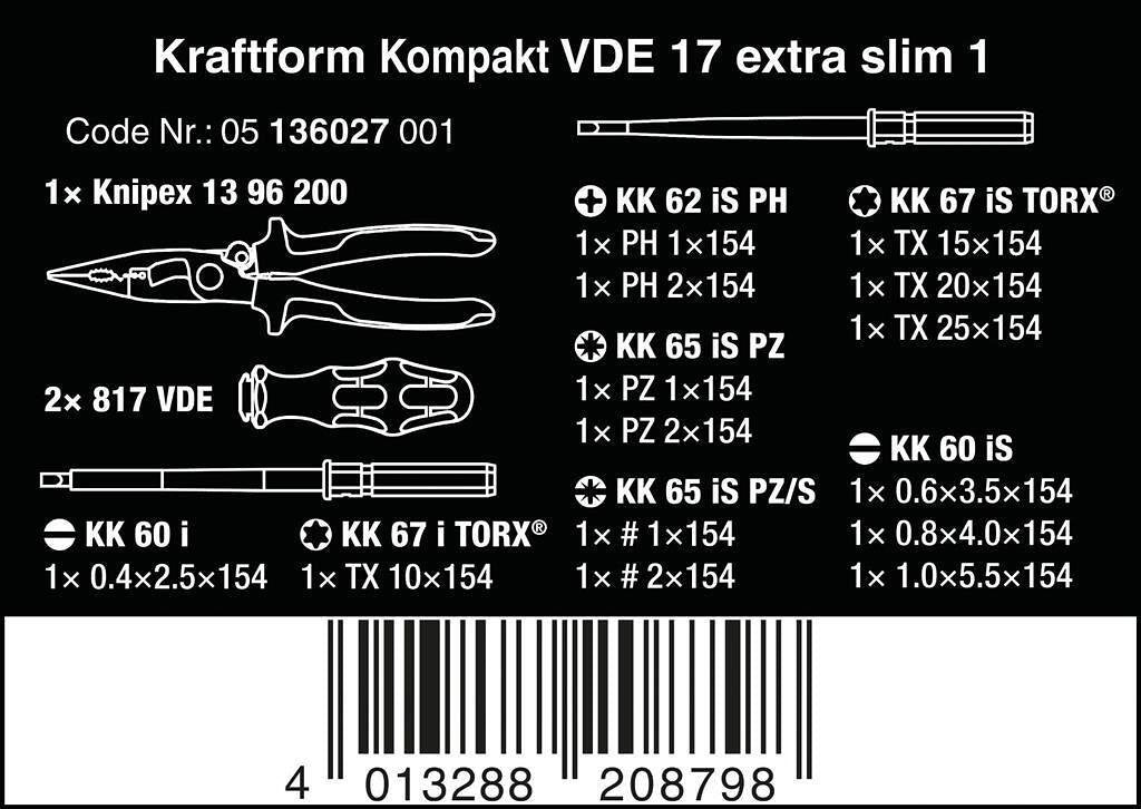 Комплект отвертки, 2х ръкохватки, 14х изолирани остриета и клещи K1396200, 17 extra slim 1 Kraftform Kompakt VDE 1000V Wera - K1396200, W136027