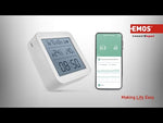 Датчик за влага и температура с дисплей и батерия ZigBee GoSmart EMOS, показващ стойности на температура и влажност.