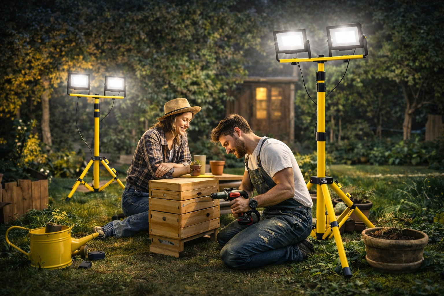 Lampe de travail 2x30W 2x3200lm 6500K avec support trépied IP44 220V avec câble H05RN-F 3x1mm2 2,5 mètres Commel - C308-533