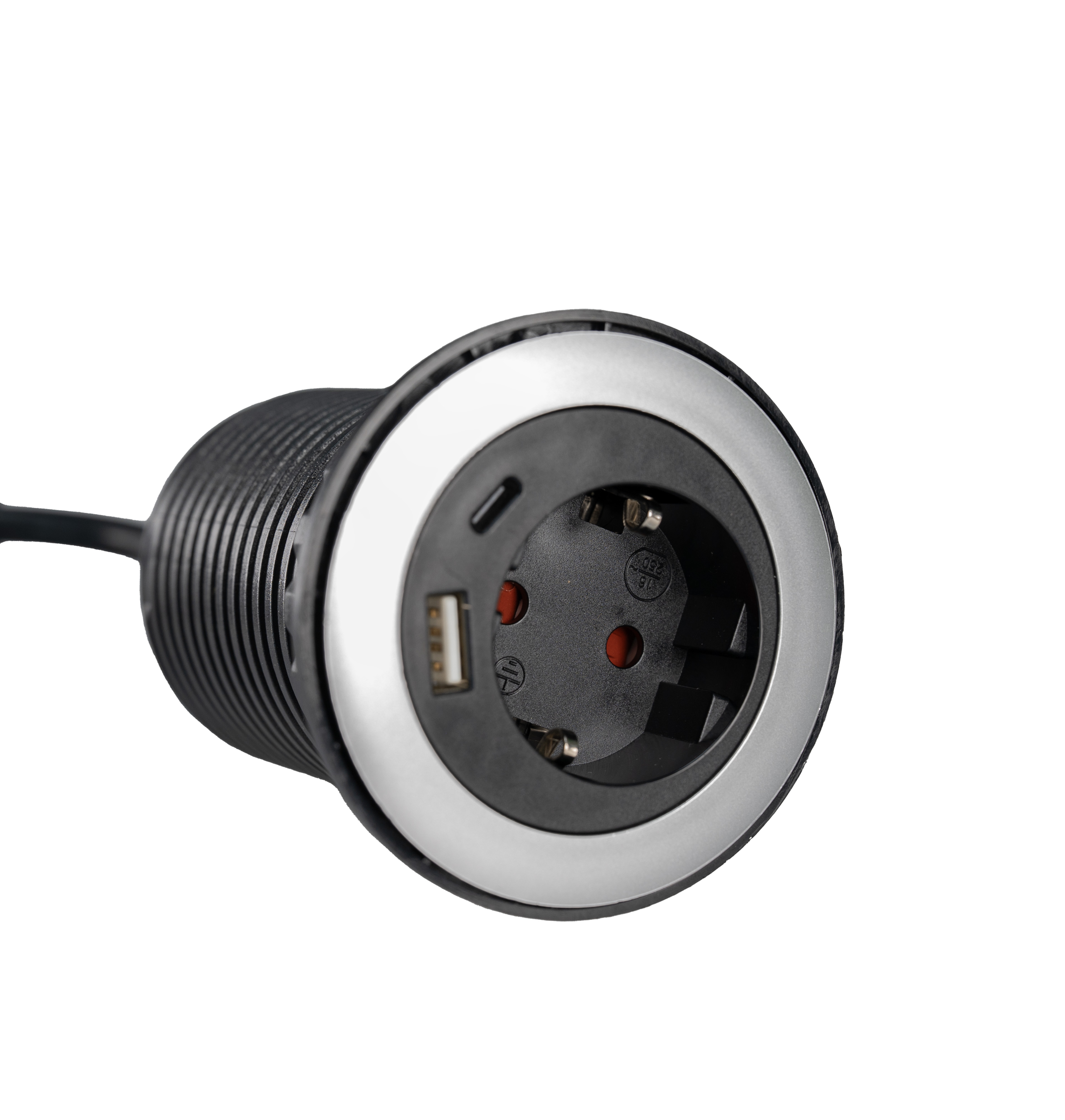 Мебелен контакт за вграждане с USB A + USB C | Шуко гнездо | 1.5 м кабел | Модерен дизайн за бюро, кухня и офис