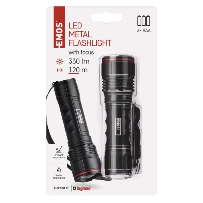 Фенерче LED 330lm 120м 10ч батерии 3× AAA алуминий IP44 EMOS, P3114